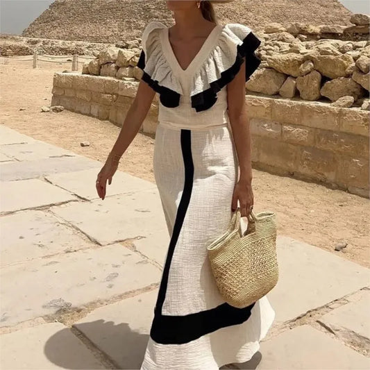 Ruffled Contrast Trim Top & High Waist Skirt Set