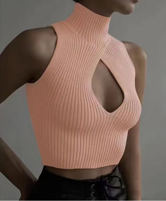 Cut-Out Ribbed Knit Halter Top