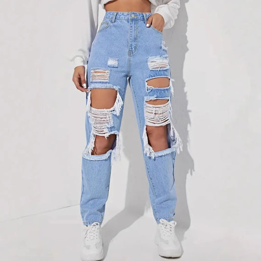 Distressed High-Waisted Straight Jeans