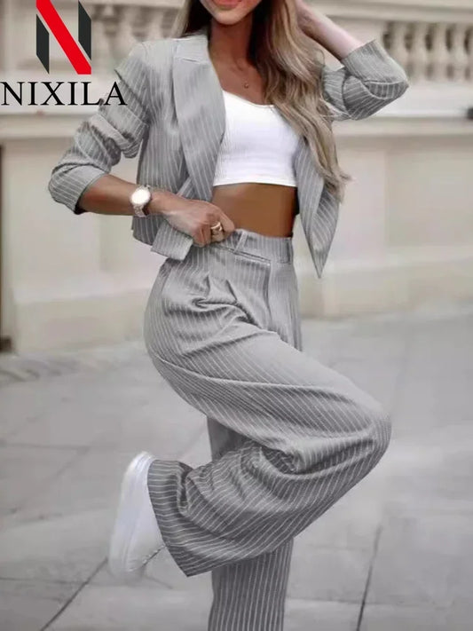 Striped Cropped Blazer and Wide-Leg Set