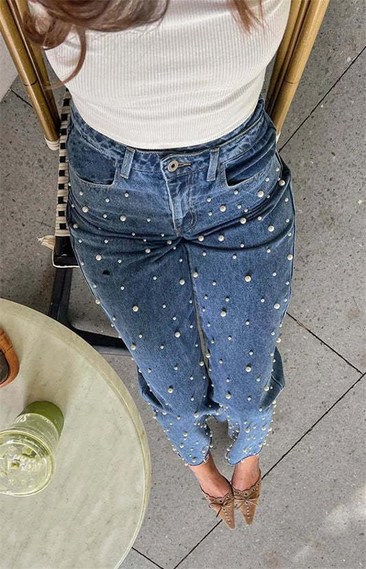 Pearl-Embellished Straight-Leg Jeans