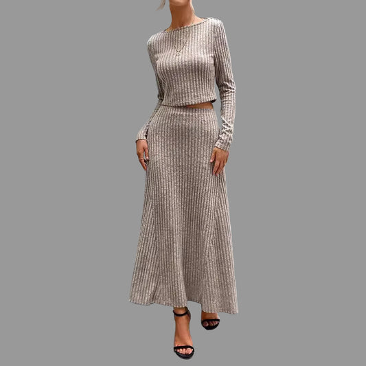 Ribbed Knit Long Sleeve Top & Maxi Skirt Set