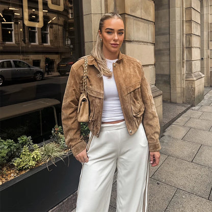 Zip-Up Cropped Suede Jacket