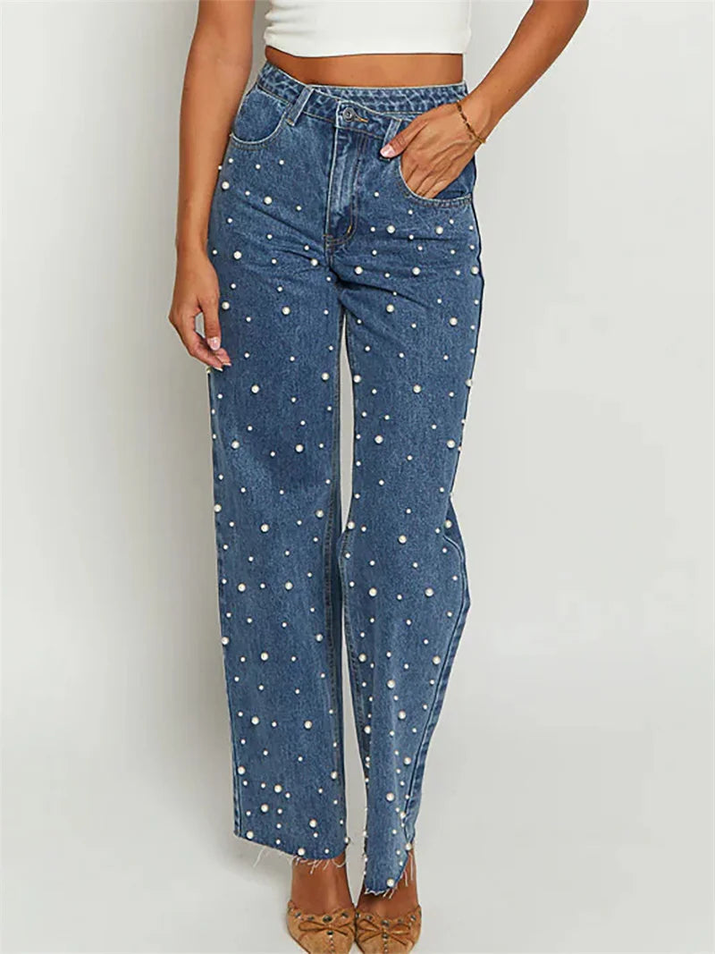 Pearl-Embellished Straight-Leg Jeans