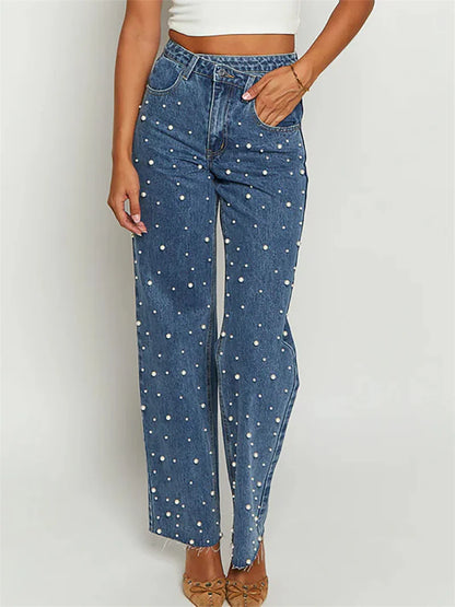 Pearl-Embellished Straight-Leg Jeans