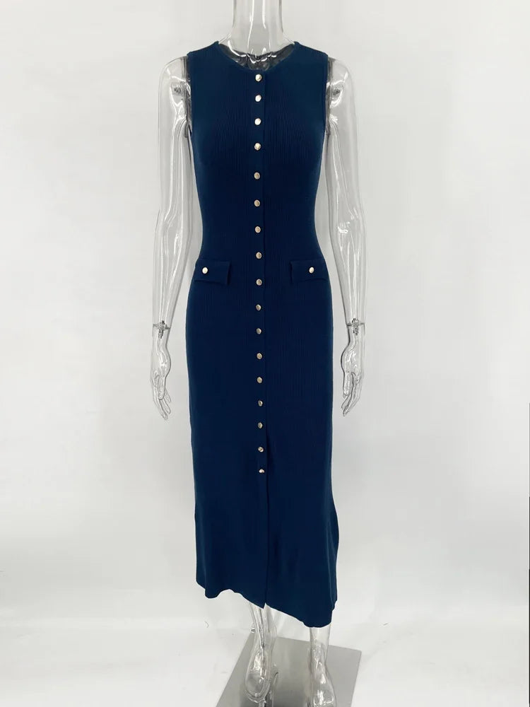 Ribbed Knit Button-Up Maxi Dress