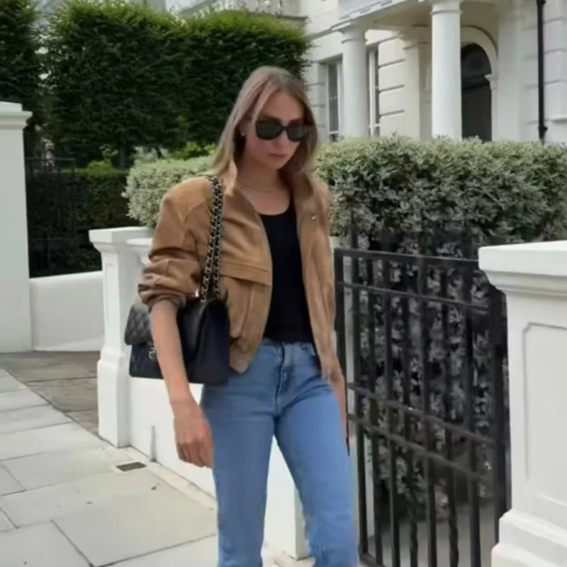 Zip-Up Cropped Suede Jacket