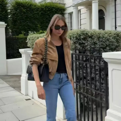 Zip-Up Cropped Suede Jacket