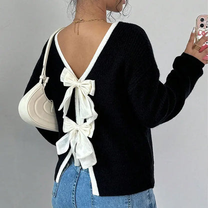Bow Back Contrast Trim Knit Jumper