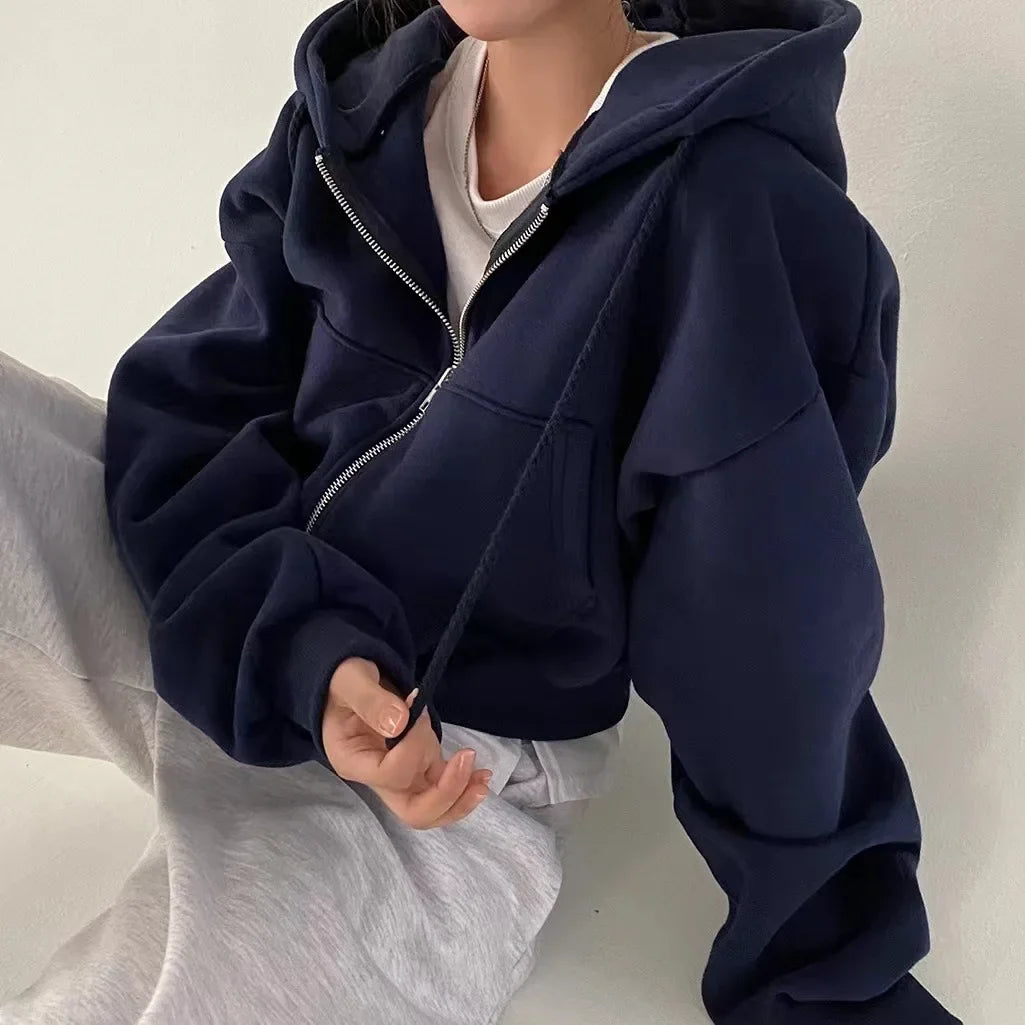 Cropped Fleece Zip-Up Hoodie