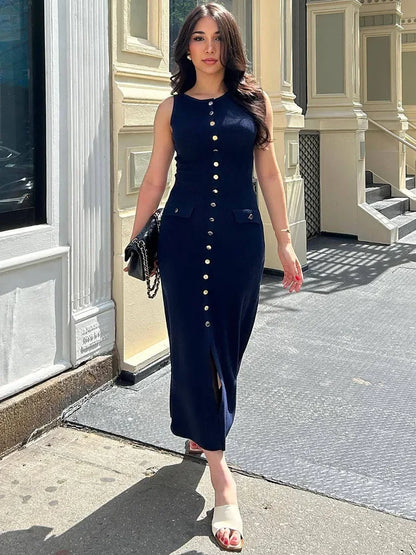 Ribbed Knit Button-Up Maxi Dress