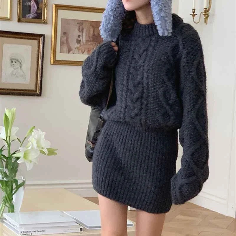Faux Two-Piece Cable Knit Sweater Dress