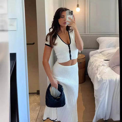 Knit Button-Front Crop Top & Midi Skirt Set