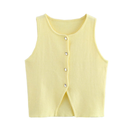 Sleeveless Button-Up Knit Crop Top