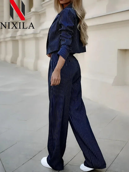Striped Cropped Blazer and Wide-Leg Set