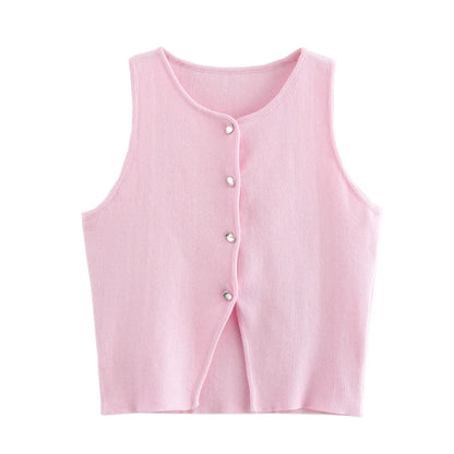 Sleeveless Button-Up Knit Crop Top