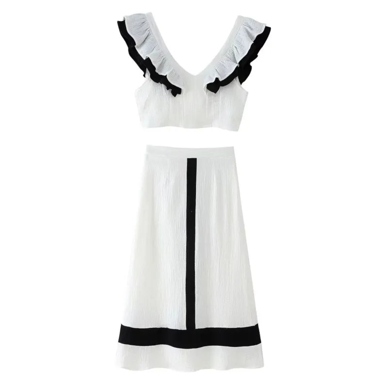 Ruffled Contrast Trim Top & High Waist Skirt Set