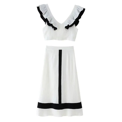 Ruffled Contrast Trim Top & High Waist Skirt Set