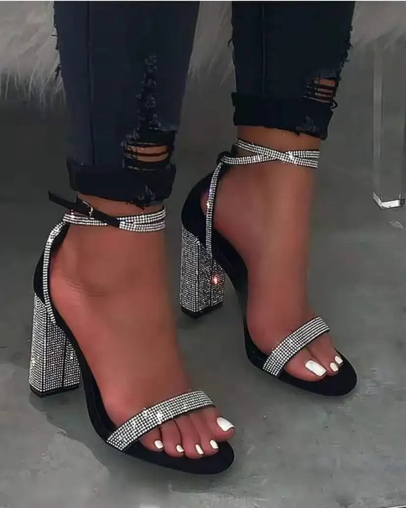 Rhinestone Block Heel Sandals