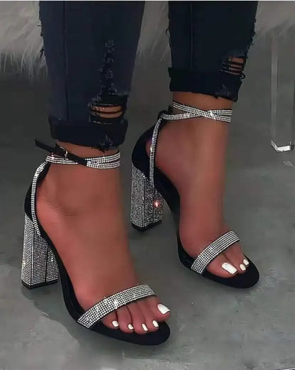 Rhinestone Block Heel Sandals
