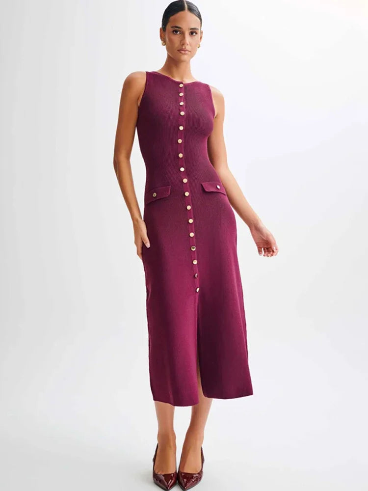 Ribbed Knit Button-Up Maxi Dress