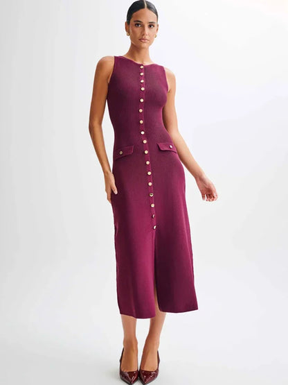 Ribbed Knit Button-Up Maxi Dress