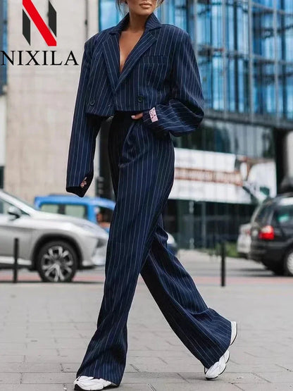 Striped Cropped Blazer and Wide-Leg Set