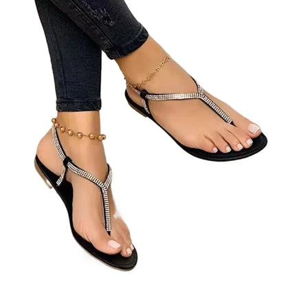 Rhinestone T-Strap Flat Sandals