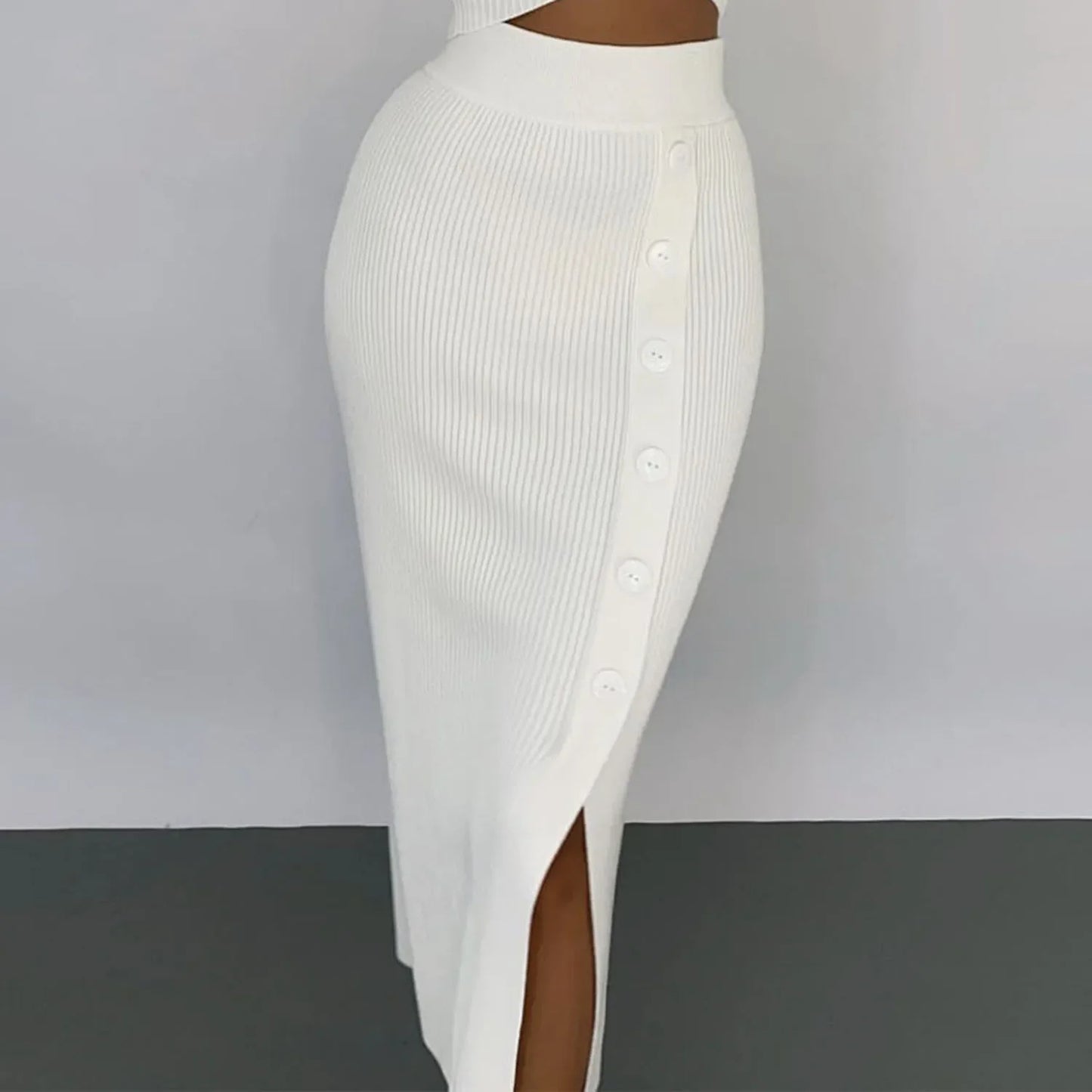 Knit V-Neck Crop Top & Button-Slit Skirt Set
