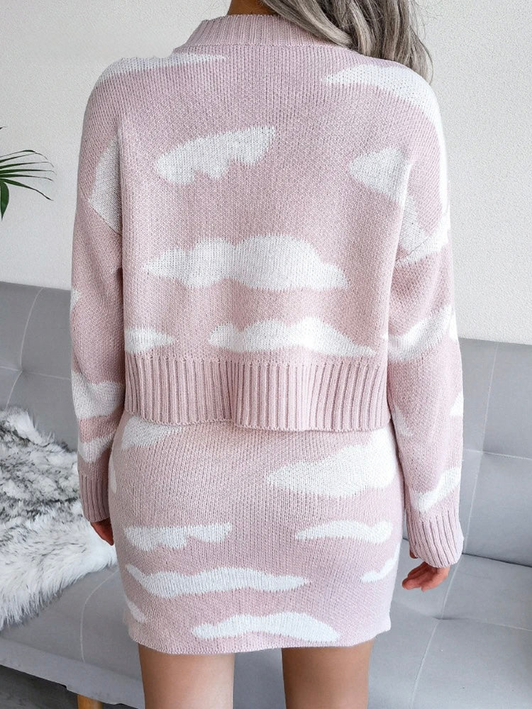 Knitted Cloud Print Sweater & Mini Skirt Set