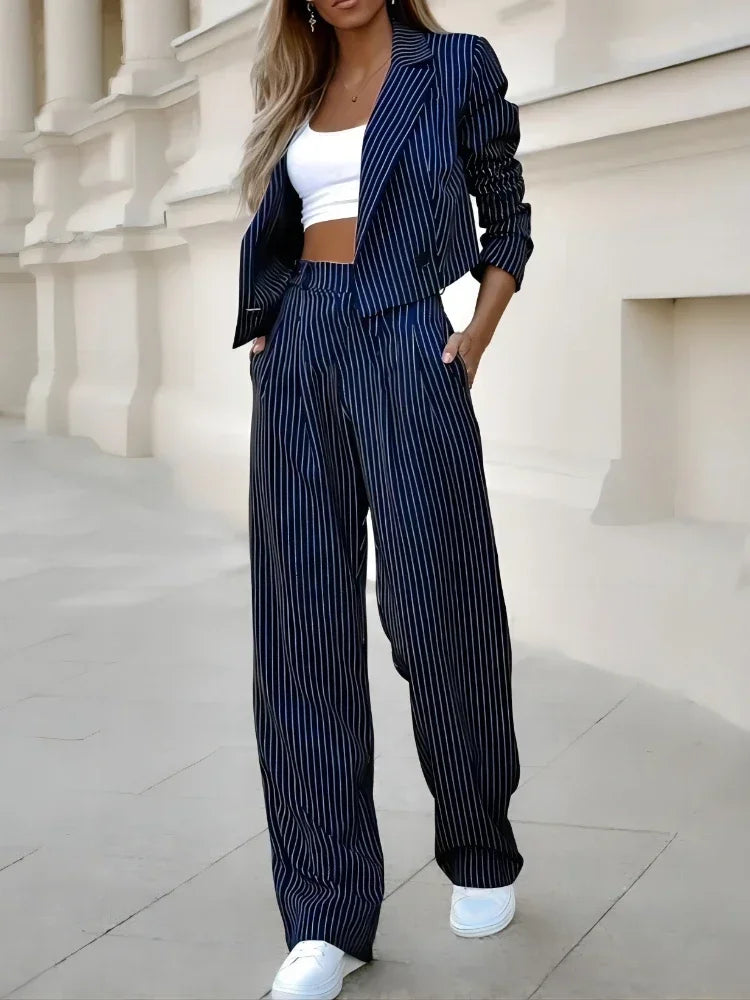 Striped Cropped Blazer and Wide-Leg Set