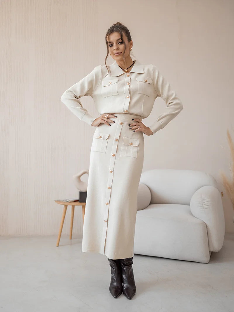 Button-Down Knit Skirt & Sweater Set