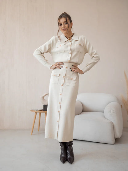 Button-Down Knit Skirt & Sweater Set