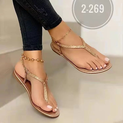 Rhinestone T-Strap Flat Sandals