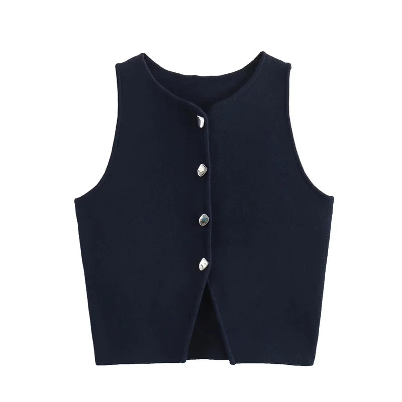 Sleeveless Button-Up Knit Crop Top