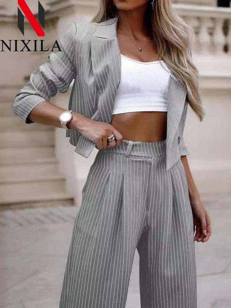 Striped Cropped Blazer and Wide-Leg Set