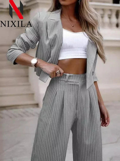 Striped Cropped Blazer and Wide-Leg Set