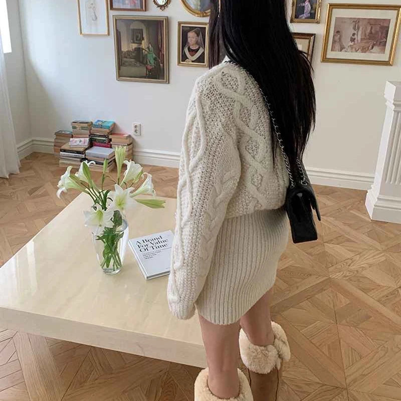 Faux Two-Piece Cable Knit Sweater Dress