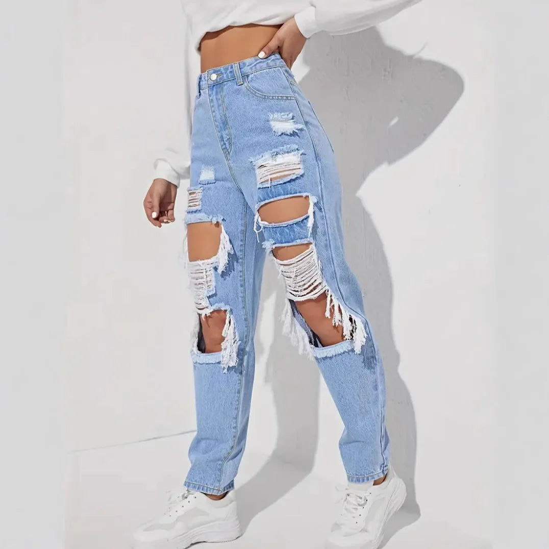 Distressed High-Waisted Straight Jeans