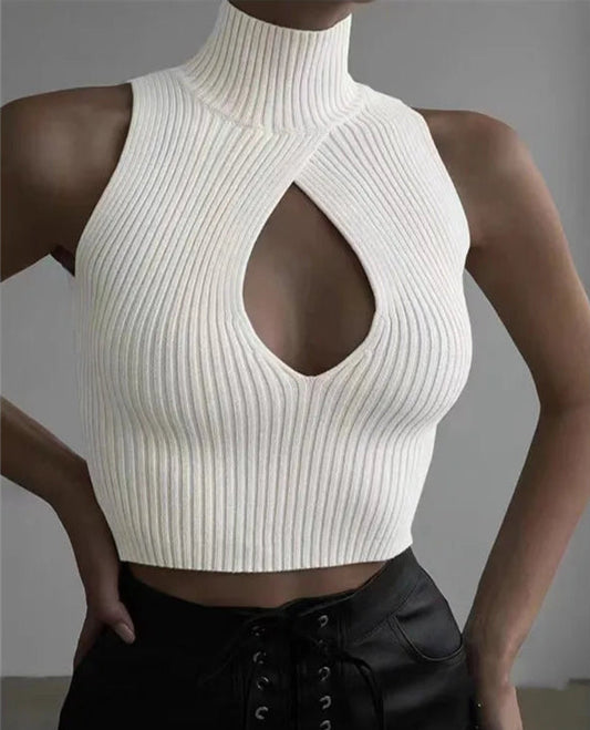 Cut-Out Ribbed Knit Halter Top