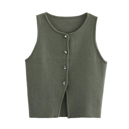 Sleeveless Button-Up Knit Crop Top