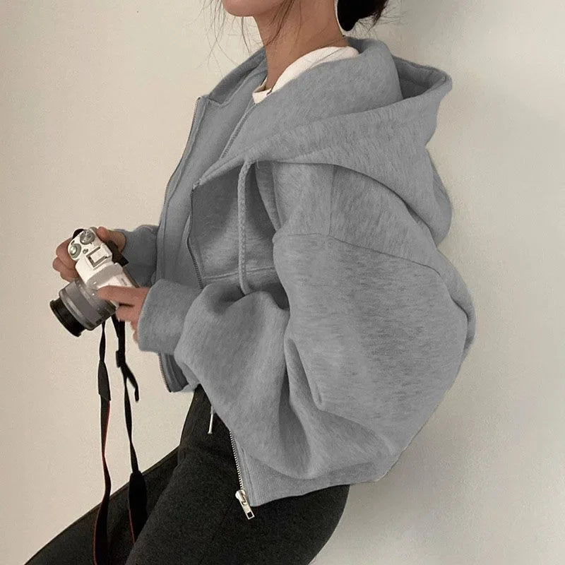 Cropped Fleece Zip-Up Hoodie