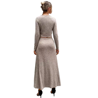 Ribbed Knit Long Sleeve Top & Maxi Skirt Set