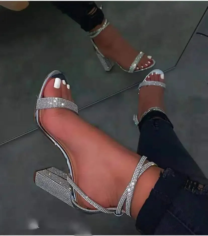 Rhinestone Block Heel Sandals