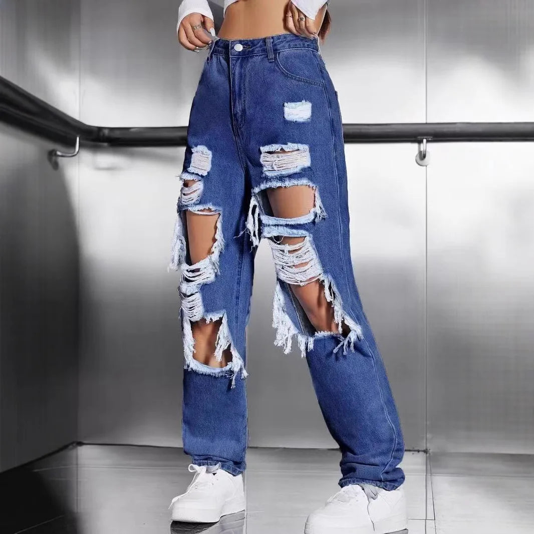 Distressed High-Waisted Straight Jeans