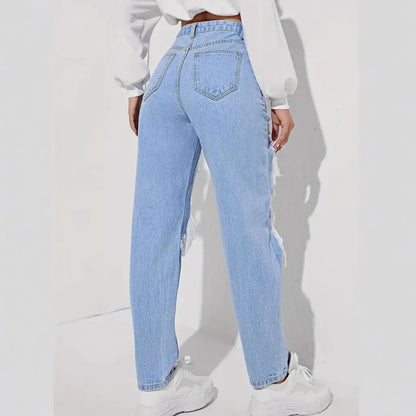 Distressed High-Waisted Straight Jeans