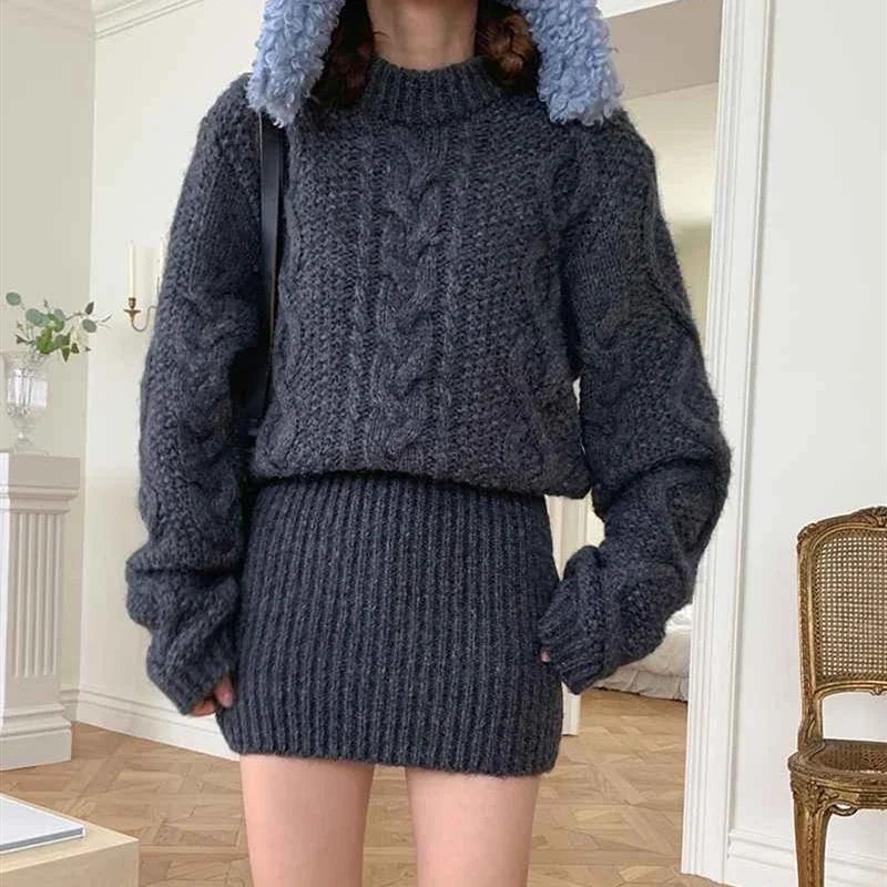 Faux Two-Piece Cable Knit Sweater Dress