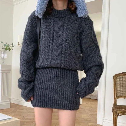 Faux Two-Piece Cable Knit Sweater Dress