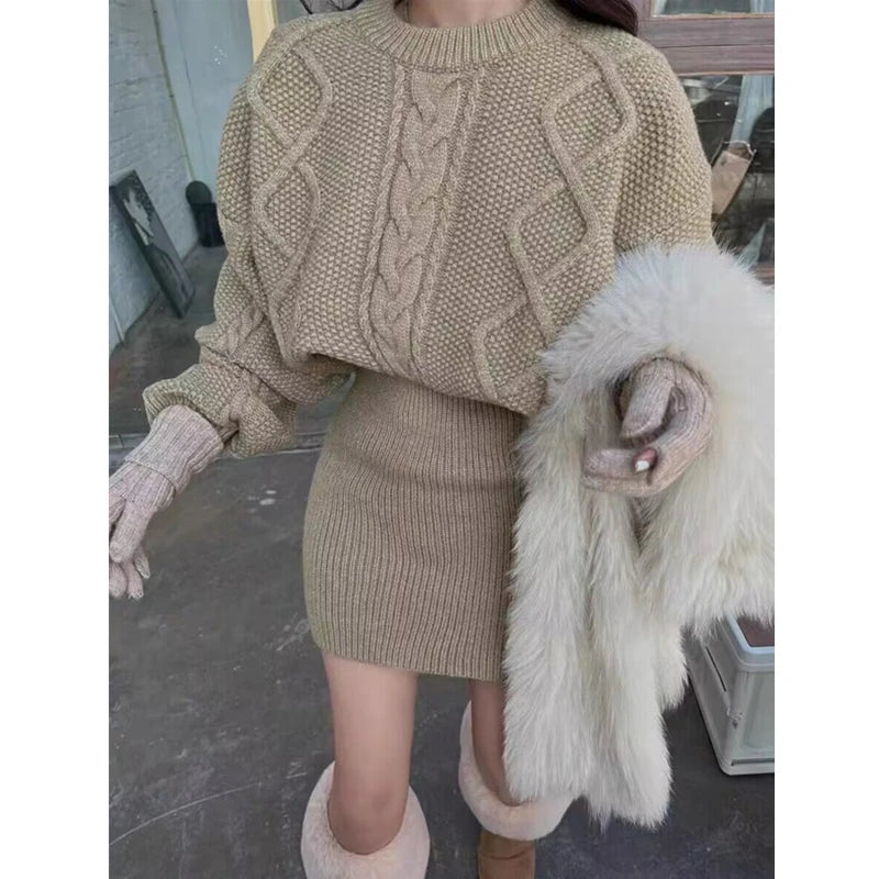 Faux Two-Piece Cable Knit Sweater Dress