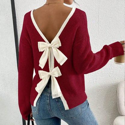 Bow Back Contrast Trim Knit Jumper